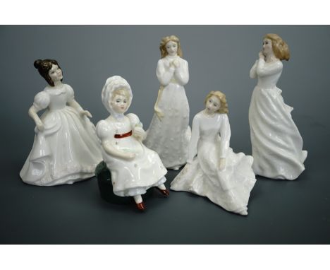 Five Royal Doulton Collectors' Club and other figurines of women / girls in white dresses