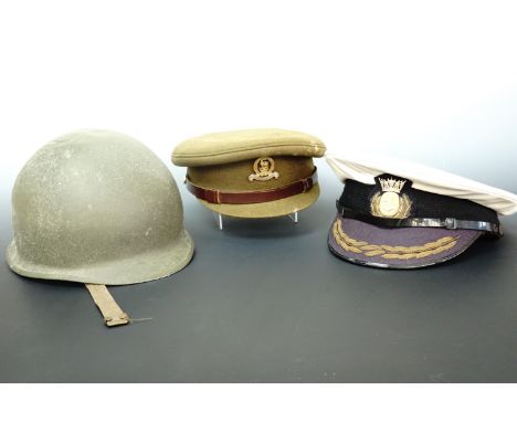 Post-War British army and Merchant Navy officers' caps together with a Belgian army M1 type helmet
