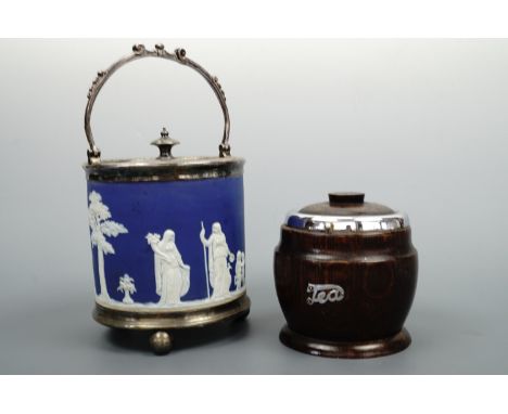 A Wedgwood Jasperware cobalt pot together with a wooden tea caddy