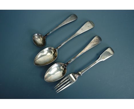 A group of antique silver by Carlisle silversmiths, comprising two teaspoons, a fork, and a salt spoon, each with Newcastle c