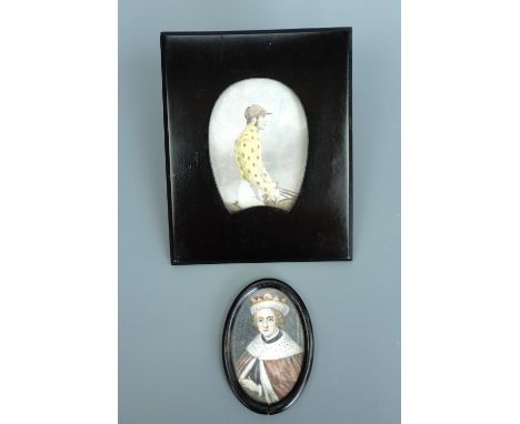 An early 19th Century watercolour-tinted engraving of a jockey, in an ebonised wooden frame with horseshoe-shaped aperture, t