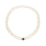 Rubin-Diamant-Perlen-Collier, klassisch-elegantes Modell in Weissgold 18K, doppelreihiges Collier