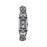 Damenarmbanduhr Art Déco, in Platin mit Brillanten, Durchmesser 14x20 mm,27,3 gr. Handaufzug,