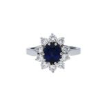 Saphir-Brillant-Ring, klassisch-elegant, in Weissgold 18K, 1 Saphir-Oval facettiert ca. 1,25 ct.