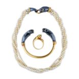 CARTIER Panther Set in Gelbgold 18K und geschwärztem Stahl, bestehend aus Zuchtperlcollier mit 5