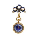 Anhängeuhr mit Brosche, in Gelbgold 18K, mit blauem durchsichtigem Email, Durchmesser 25 mm, Lünette