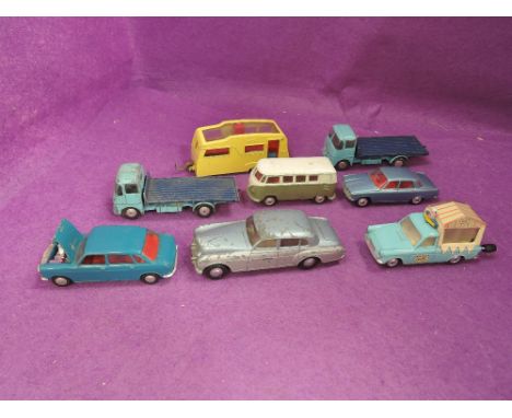 Eight diecast vehicles, Spot-On Austin 1800 in dark blue with red interior, Spot-On Bentley Saloon in light blue and grey, Co