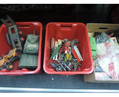 Three boxes of mixed vintage diecast and plastic vehicles including Matchbox etc