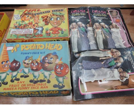 Two vintage Peter Pan Mr Potato Head Funny Face Kits along with three Deana dolls