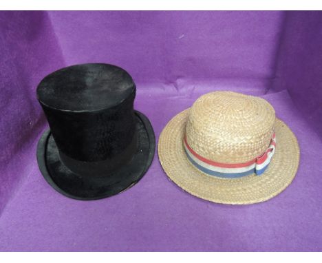 A traditional straw boater hat and a vintage top hat labelled SGL City Cork Hat Company