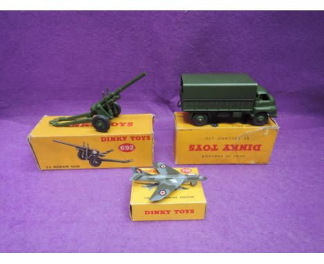 Three Dinky Toys diecasts, 3-Ton Army Wagon 621, 5.5 Medium Gun 692 & Hawker Hunter Fighter 736, all in original boxes