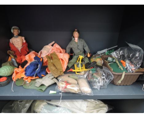 A shelf of Palitoy and similar Action Man dolls and accessories, mainly army related