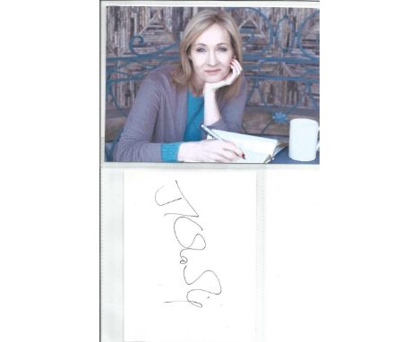 J K Rowling signed 6x4 white card. British novelist, screenwriter, and producer who is best known for writing the Harry Potte