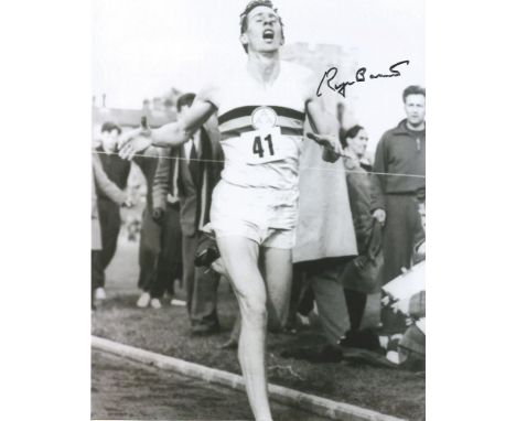 Roger Bannister signed 10x8 b/w photo of him completing the 4 minute mile. (23 March 1929 - 3 March 2018) was a British middl