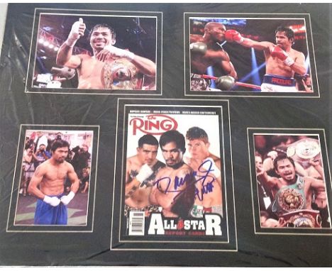 Manny Pacquiao signed colour photo. Mounted with 4 other colour photos. Approx. overall size 20x16. Filipino professional box