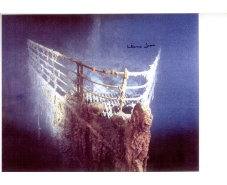 TITANIC: 8x12 inch photo of the wreck of RMS Titanic signed by survivor Millvina Dean. An evocative image of the bow of Titan