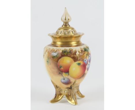 Royal Worcester fruit decorated pot pourri jar, ovoid form decorated with apples and cherries, black printed mark, numbered H
