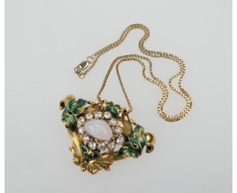 Late Victorian diamond, opal and enamelled 18ct gold pendant, circa 1890-1900, centred with a cabochon opal bordered with twe