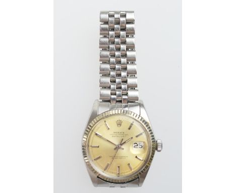 Rolex Datejust gent's stainless steel wristwatch, circa 1969, gold coloured dial with centre sweep seconds and baton numerals