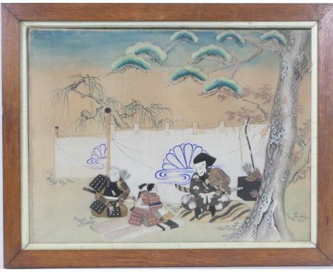 Japanese stumpwork tapestry panel, early 20th Century, featuring a teacher with children seated beneath a pine tree, mounted 