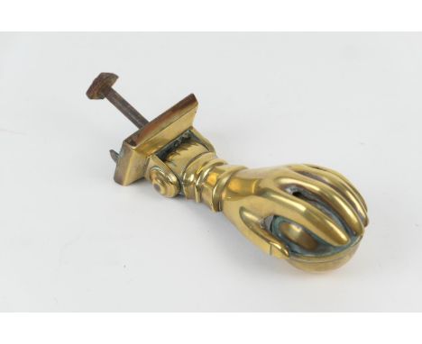 Victorian or Edwardian brass hand form door knocker, 16cm (NB: Condition is NOT noted in catalogue descriptions. We strongly 