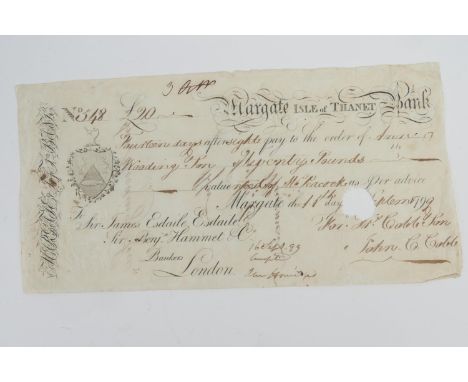 Great Britain: Margate, Isle of Thanet Bank, 14 day light bill for £20, with punch hole cancellation, two signatories on the 