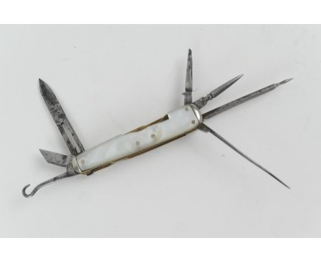 Victorian mother-of-pearl multi-tool pocket knife by Hilliar, Glasgow with seven folding tools (one blade reduced) (NB: Condi