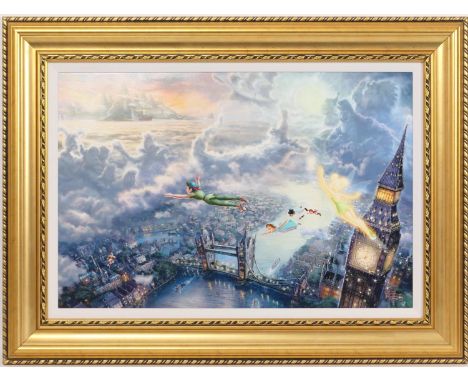 Thomas Kinkade (American, 1958-2012), Tinkerbell and Peter Pan fly to Neverland', embellished giclee print on canvas, limited