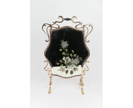 Victorian brass and copper framed painted mirrored firescreen, height 73cm, width 46cm (NB: Condition is NOT noted in catalog
