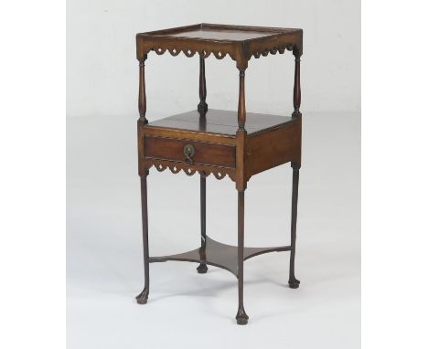 Mahogany washstand in Chippendale style, square top over an undershelf with a single drawer, fretwork apron raised on slender