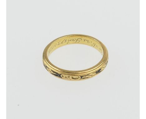 George II Memento Mori ring, dated 1730, engraved with a skull and trailing leaves, with black enamel infill, inscribed to th