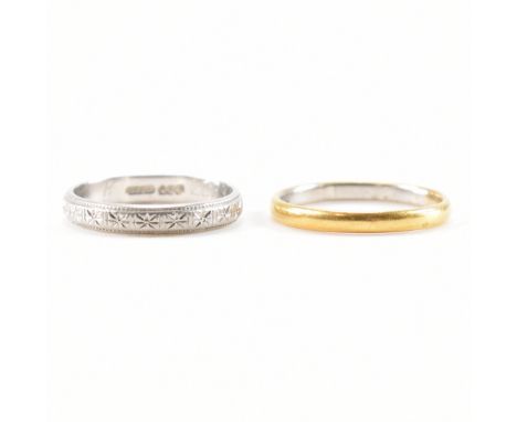 Two platinum band rings. The first ring of D form having yellow metal to the exterior &amp; marked platinum to the inside, ap