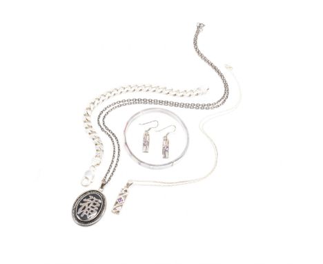 A collection of silver jewellery. The lot to include a bangle set with mother of pearl panels, a flat link bracelet chain, a 