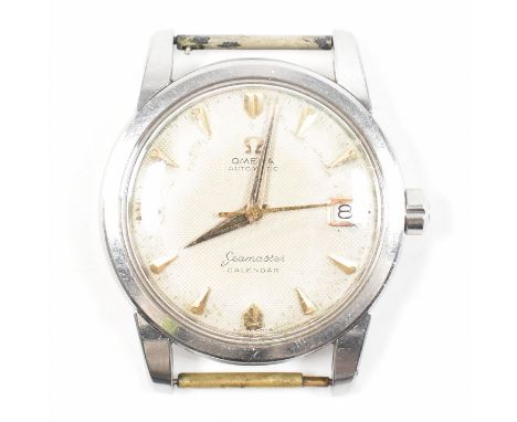 A vintage 20th Century Omega seamaster Calendar wrist watch. The watch having a round face with faceted arrow hour markers, f