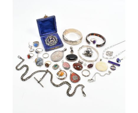 An assorted collection of vintage &amp; later silver jewellery together with a 14ct gold ring. The lot to include; a red ston