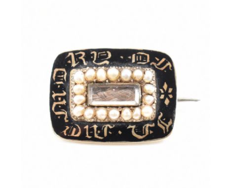 An antique Victorian gold, enamel, pearl &amp; hair work mourning brooch pin. The mourning brooch having a central rectangula