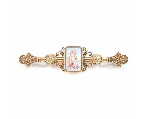 A 19th Century Victorian antique gold and enamel bar brooch. The brooch having a central rectangular panel enamelled with an 
