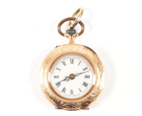 A French 18ct gold fob watch. The watch having a white enamel face with Roman numeral hour markers with a bridge mechanical m