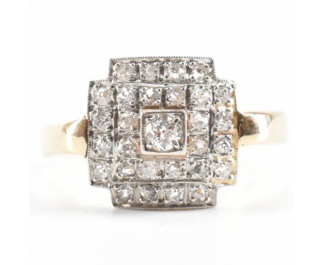 An Art Deco style 14ct gold and diamond panel ring. The ring being pave set with round cut diamonds to the head. Marked 585, 