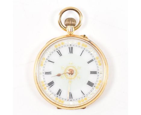 An Edwardian hallmarked 9ct gold fob watch. The watch having a white and green enamel face with gold enamel foliates framing 