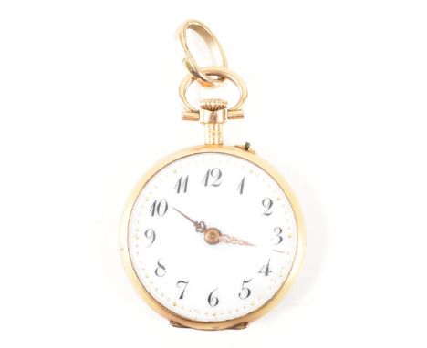 A French 18ct gold fob watch. The watch having a white enamel face with breguet hour markers with a bridge mechanical movemen
