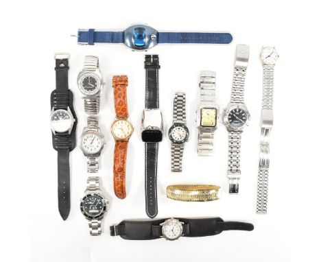 A collection of vintage wrist watches. The lot to include Timex, Lorus, Marcel Drucker, Lifemax, Philip Mercier, ADEC, Geneva