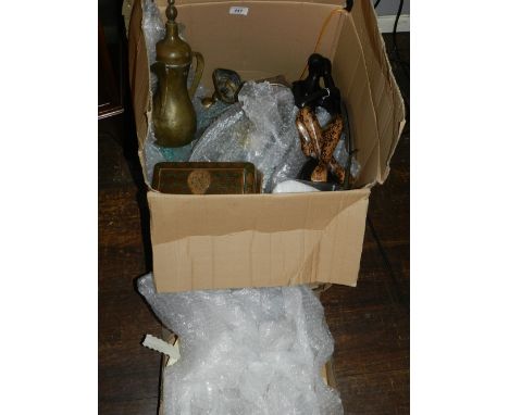 A collection of sundry items to include a brass dallah, damascus ware box, paper mache box, malachite tray and egg shaped bow