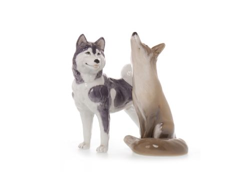 ROYAL COPENHAGEN FIGURES OF A HUSKY AND OF A FOX the husky model number 038, the fox 1475, both with printed and painted mark