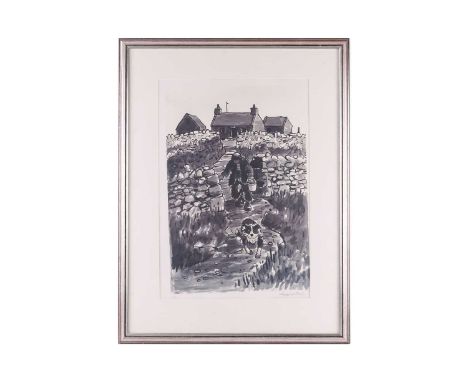 Kyffin Williams (1918-2006), Farmer with Sheep Dog and Bucket at Cilgwyn, signed and numbered 23/50 in pencil, monochrome pri