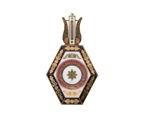 A French Louis Philipe mercurial wall barometer, thermometer, with verre eglomise panels and register to the lozenge-shaped b