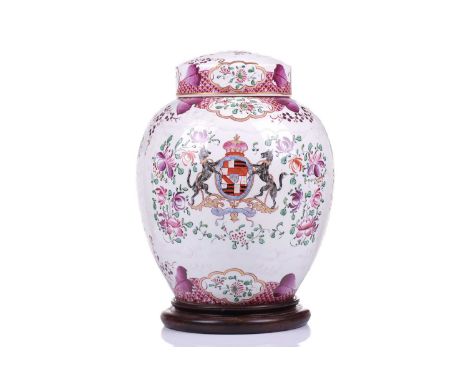 A Samson of Paris porcelain armorial vase and cover, late 19th century, painted in the famille rose palette, the armorial wit