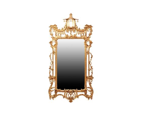 A 'Chinese Chippendale' style carved and giltwood wall mirror, late 20th century, with pagoda surmount with hanging bells, wi
