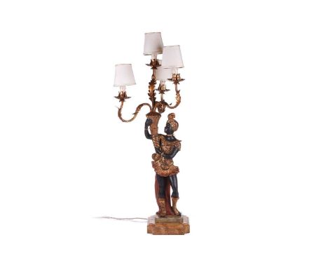 An 18th-century Venetian style painted and parcel gilt figural blackamoor table lamp, 20th century, the figure holding aloft 