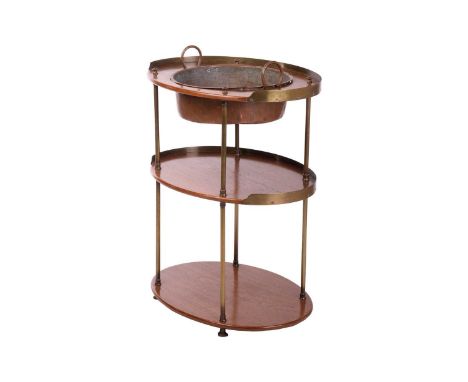 An 'Army &amp; Navy' style oval teakwood three-tier washstand, late 19th century with brass galleries and columns, the upper 